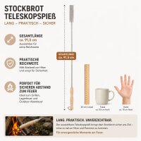 Stockbrotspieß mit Holzgriff und Teleskopstab – ausziehbarer Edelstahlspieß für Feuerstelle und Lagerfeuer