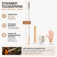 Stockbrotspieß mit Holzgriff und Teleskopstab – ausziehbarer Edelstahlspieß für Feuerstelle und Lagerfeuer