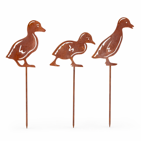 Gartenstecker Entenküken 3er Set aus Weichstahl – lasergeschnittene Gartendeko