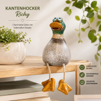 GILDE Kantenhocker Ente Richy aus Keramik – Dekofigur braun grün matt, 12 cm