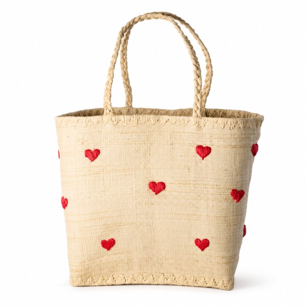 Rice Handgefertigte Raffia Tasche mit roten Herzen – Natur Shopper ca. 32 x 33 x 22 cm