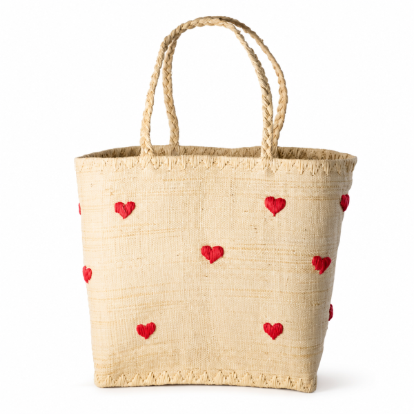 Rice Handgefertigte Raffia Tasche mit roten Herzen – Natur Shopper ca. 32 x 33 x 22 cm
