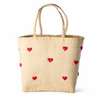 Rice Handgefertigte Raffia Tasche mit roten Herzen – Natur Shopper ca. 32 x 33 x 22 cm
