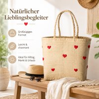 Rice Handgefertigte Raffia Tasche mit roten Herzen – Natur Shopper ca. 32 x 33 x 22 cm