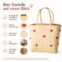 Rice Handgefertigte Raffia Tasche mit roten Herzen – Natur Shopper ca. 32 x 33 x 22 cm
