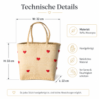 Rice Handgefertigte Raffia Tasche mit roten Herzen – Natur Shopper ca. 32 x 33 x 22 cm