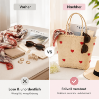 Rice Handgefertigte Raffia Tasche mit roten Herzen – Natur Shopper ca. 32 x 33 x 22 cm