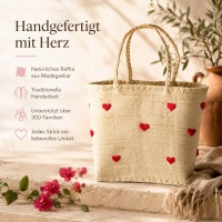 Rice Handgefertigte Raffia Tasche mit roten Herzen – Natur Shopper ca. 32 x 33 x 22 cm