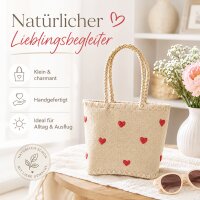 Rice Handgefertigte Raffia Tasche mit roten Herzen – Natur Shopper ca. 28 x 30 x 18 cm