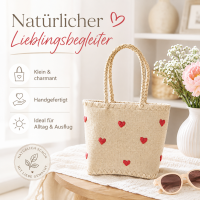 Rice Handgefertigte Raffia Tasche mit roten Herzen – Natur Shopper ca. 28 x 30 x 18 cm