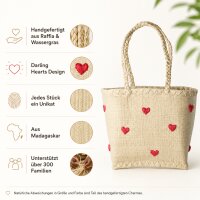 Rice Handgefertigte Raffia Tasche mit roten Herzen – Natur Shopper ca. 28 x 30 x 18 cm