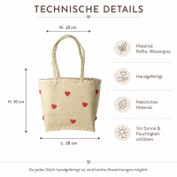 Rice Handgefertigte Raffia Tasche mit roten Herzen – Natur Shopper ca. 28 x 30 x 18 cm