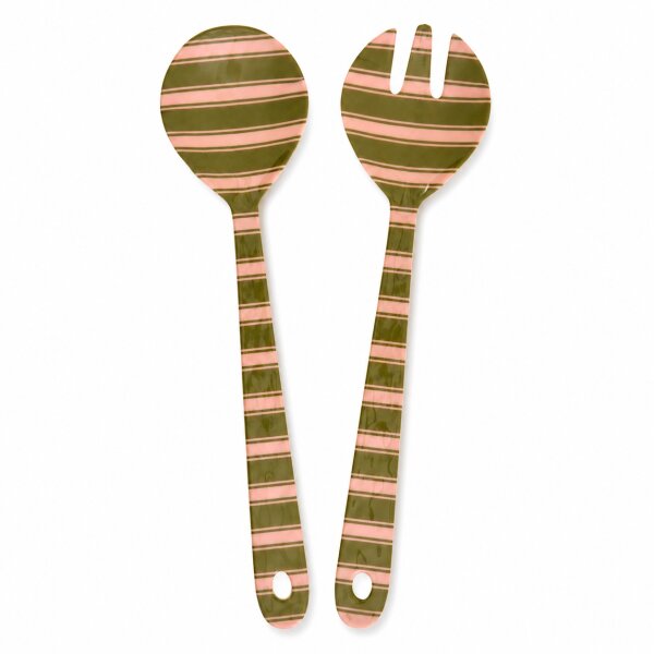 RICE Salatbesteck aus Melamin mit Streifenmuster – 2-teilig, grün/rosa, 29 cm