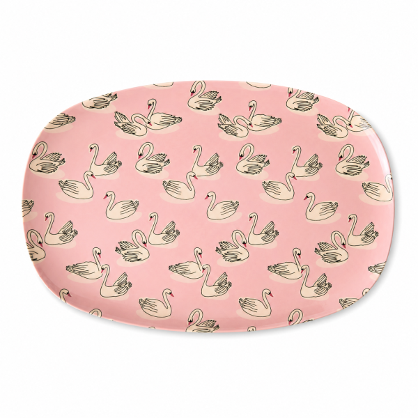 RICE ovaler Melaminteller Swan Print Pink 30 cm – rosa Melaminplatte