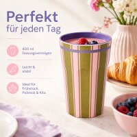 RICE großer Melaminbecher Streifenmuster olivgrün rosa lila – 400 ml