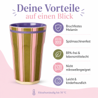 RICE großer Melaminbecher Streifenmuster olivgrün rosa lila – 400 ml