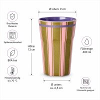 RICE großer Melaminbecher Streifenmuster olivgrün rosa lila – 400 ml