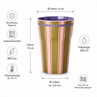 RICE großer Melaminbecher Streifenmuster olivgrün rosa lila – 400 ml