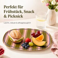 RICE rechteckiger Melaminteller Streifenmuster olivgrün rosa lila – 30 cm