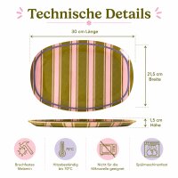 RICE rechteckiger Melaminteller Streifenmuster olivgrün rosa lila – 30 cm