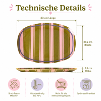 RICE rechteckiger Melaminteller Streifenmuster olivgrün rosa lila – 30 cm