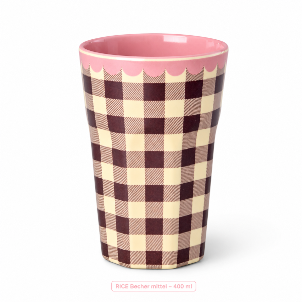 RICE Melaminbecher „Check Me Out“ 400 ml – kariert in Rosa/Braun