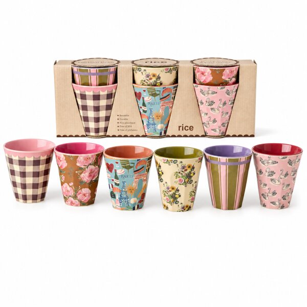 RICE Melaminbecher 6er Set Bon Vivant Design – 250 ml, bunt, BPA-frei & spülmaschinenfest