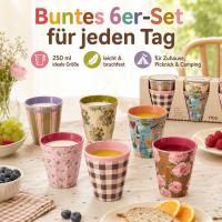 RICE Melaminbecher 6er Set Bon Vivant Design – 250 ml, bunt, BPA-frei & spülmaschinenfest