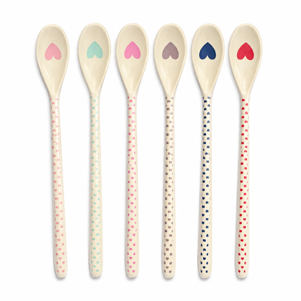 RICE Melamin Latte-Löffel 6er Set mit Herz Print – lange Dessertlöffel 22 cm