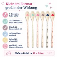 RICE Melamin Latte-Löffel 6er Set mit Herz Print – lange Dessertlöffel 22 cm