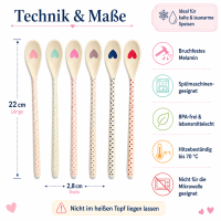 RICE Melamin Latte-Löffel 6er Set mit Herz Print – lange Dessertlöffel 22 cm