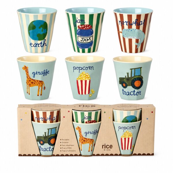 RICE Kids Melaminbecher 6er Set ABC Print Jungs – 160 ml, BPA-frei & spülmaschinenfest