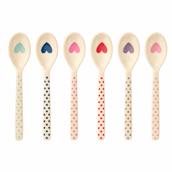 RICE Melamin Teelöffel 6er Set mit Herz Print – bunte Dessertlöffel 14 cm