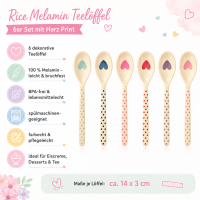 RICE Melamin Teelöffel 6er Set mit Herz Print – bunte Dessertlöffel 14 cm