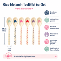 RICE Melamin Teelöffel 6er Set mit Herz Print – bunte Dessertlöffel 14 cm