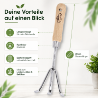 Handharke mit Holzgriff lang für präzise Beetpflege