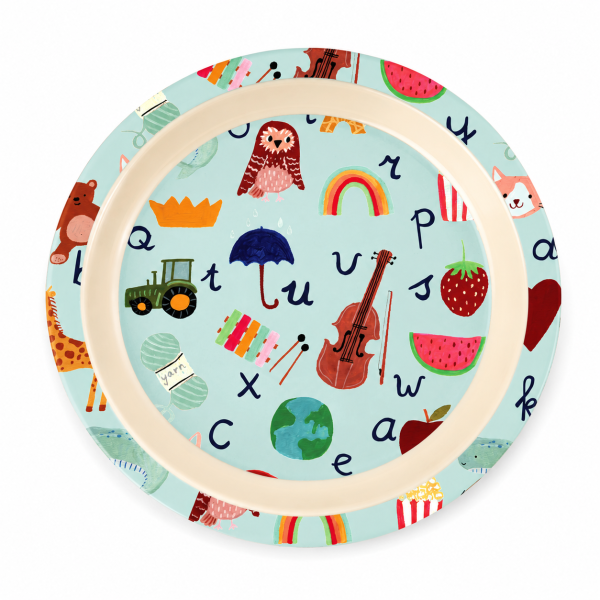 ABC Kinderteller 22cm Blau Pastell-Aqua - Melamin Essteller mit Rand