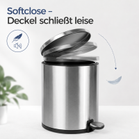 Treteimer 5l Silber Silberfarben - Badmülleimer Edelstahl Softclose