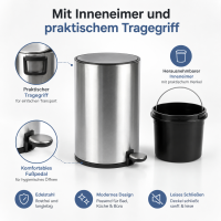 Treteimer 5l Silber Silberfarben - Badmülleimer Edelstahl Softclose