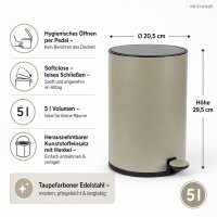 Treteimer 5l Braun Taupe - Edelstahl Pedaleimer rund fürs Bad