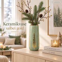 Keramikvase 12x12x29cm Grün Salbei - Vase Gold für Winterdeko