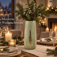Keramikvase 12x12x29cm Grün Salbei - Vase Gold für Winterdeko