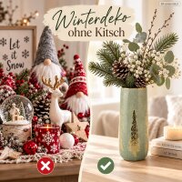 Keramikvase 12x12x29cm Grün Salbei - Vase Gold für Winterdeko