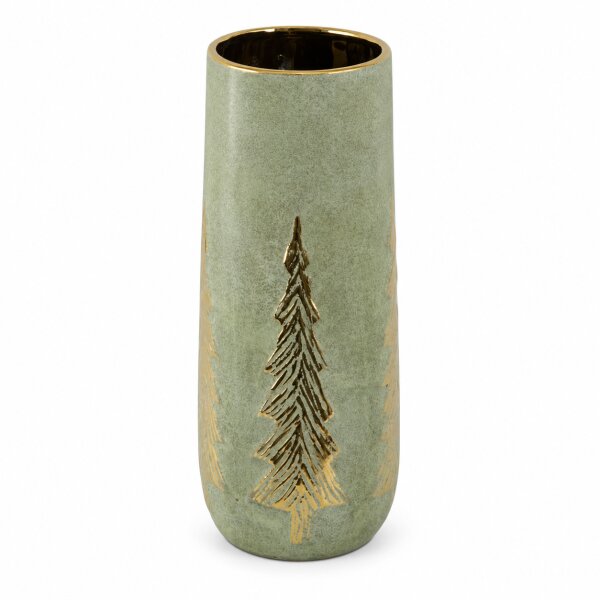 Keramikvase 14,5x37cm Grün Salbei - zylindrische Blumenvase Gold