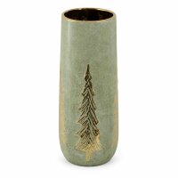 Keramikvase 14,5x37cm Grün Salbei - zylindrische Blumenvase Gold
