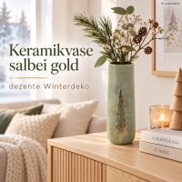 Keramikvase 14,5x37cm Grün Salbei - zylindrische Blumenvase Gold