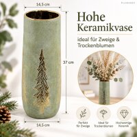 Keramikvase 14,5x37cm Grün Salbei - zylindrische Blumenvase Gold