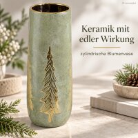 Keramikvase 14,5x37cm Grün Salbei - zylindrische Blumenvase Gold