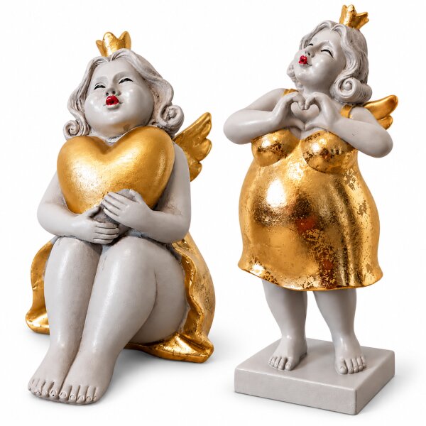 Polyengel, grau/gold, 2sort. sitzend/stehend