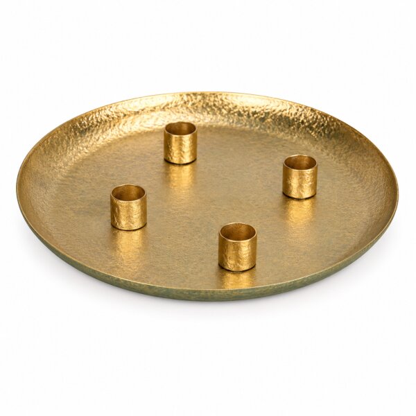 Kerzenteller mit 4 Kerzenhaltern 25cm Gold Grün - Eisen Dekoteller